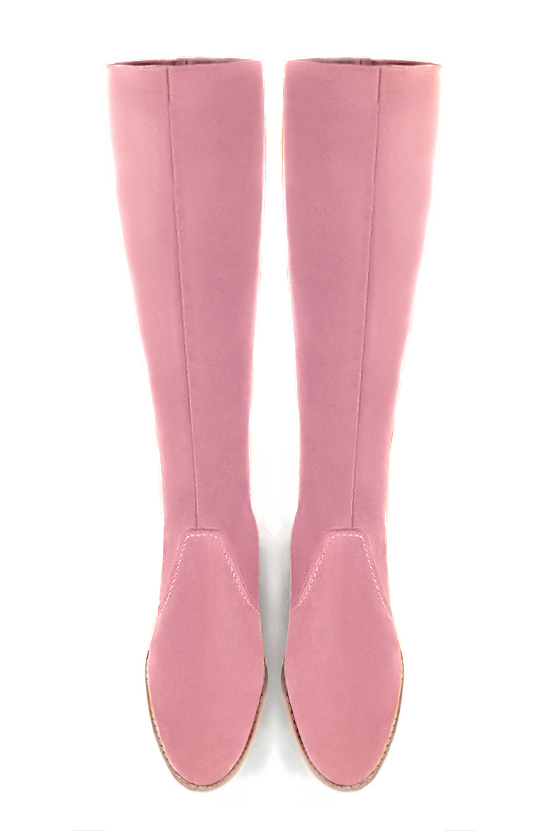 Carnation pink women's riding knee-high boots. Round toe. Low leather soles. Made to measure. Top view - Florence KOOIJMAN